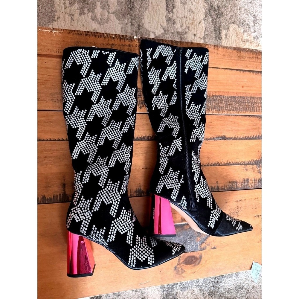Betsey Johnson Naomy Rhinestone Houndstooth Knee High Boots‎ Black Pink NAOM01S5 - Picture 4 of 10
